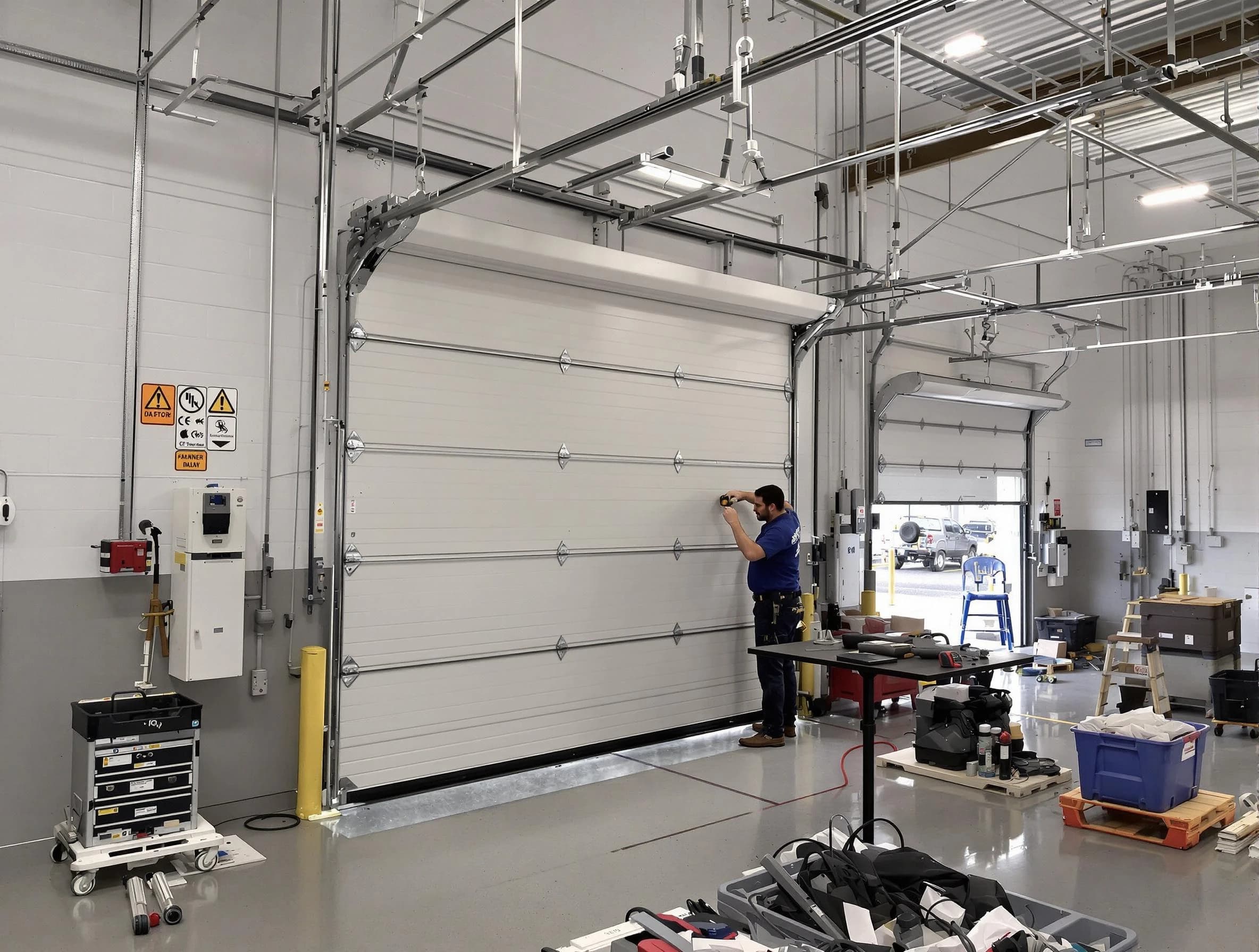 Commercial garage door repair being performed by Noble Garage Door Repair expert in Noble