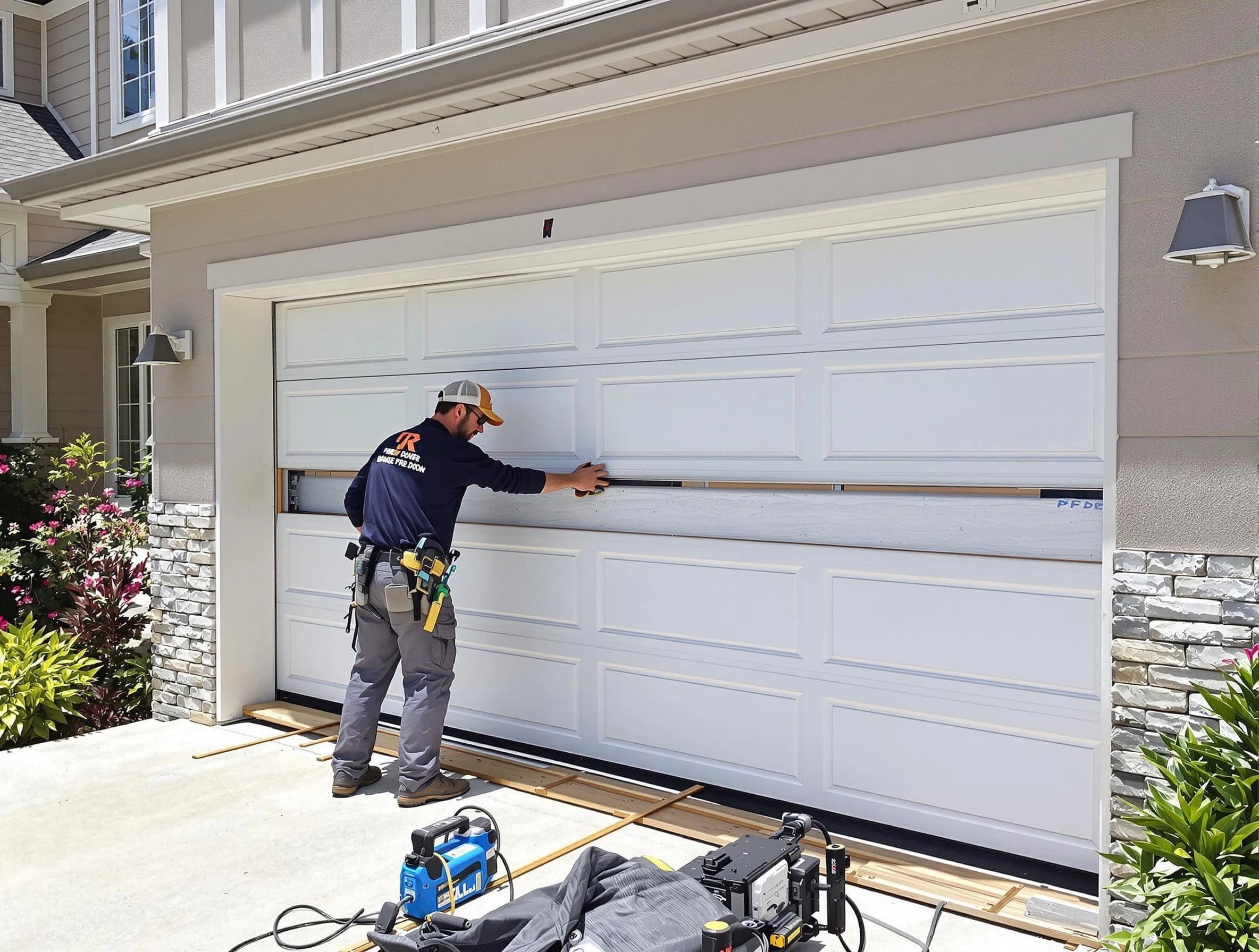 Noble Garage Door Repair team performing complete garage door replacement at Noble residence