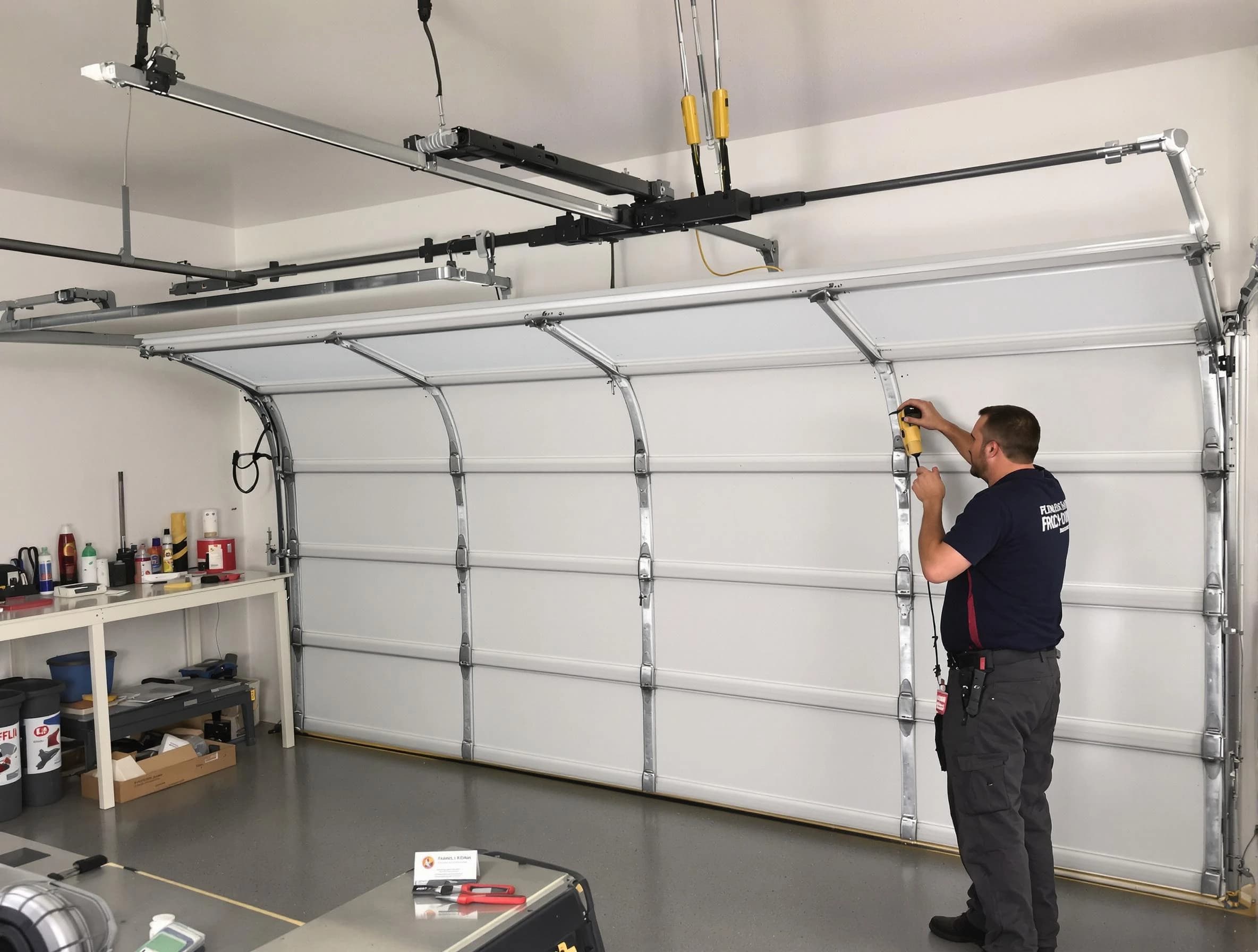 Noble Garage Door Repair certified technician performing overhead door system repair in Noble