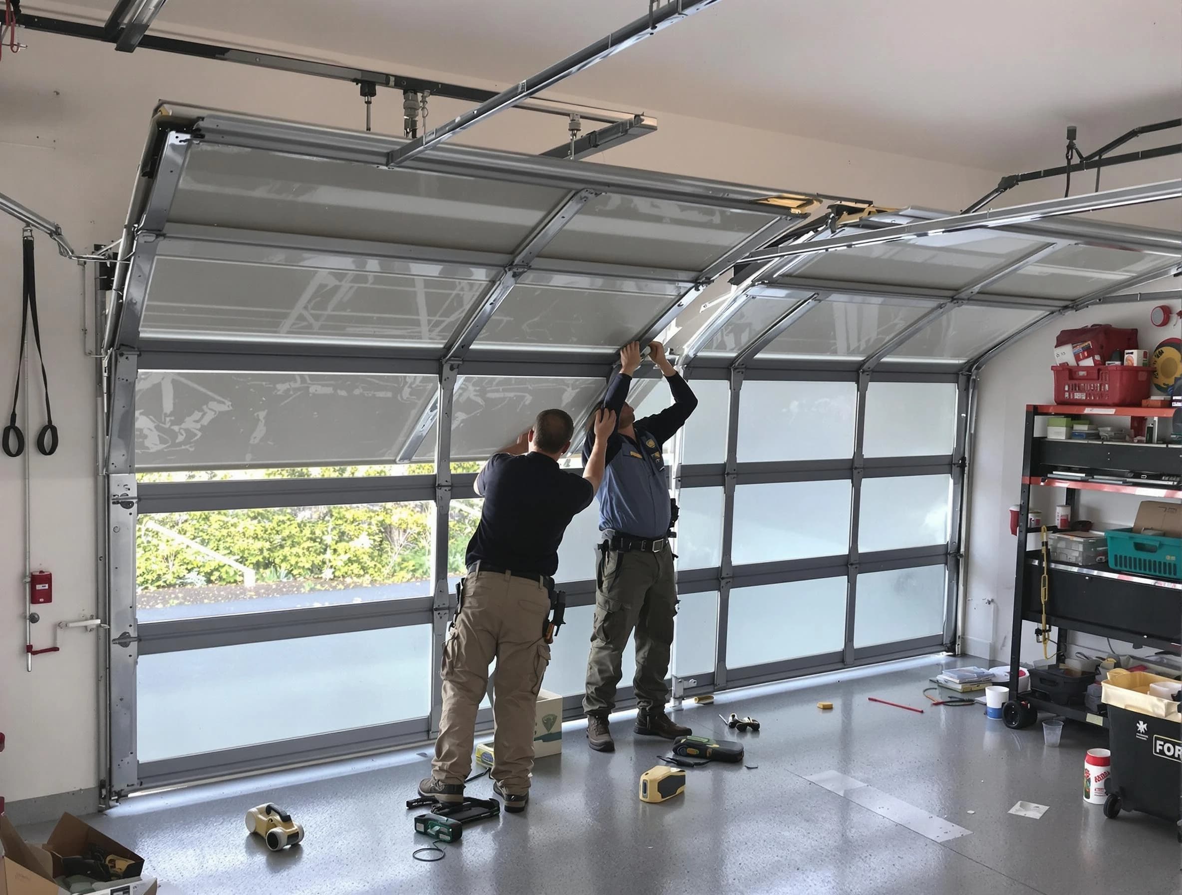 Noble Garage Door Repair expert performing precise panel replacement on Noble garage door