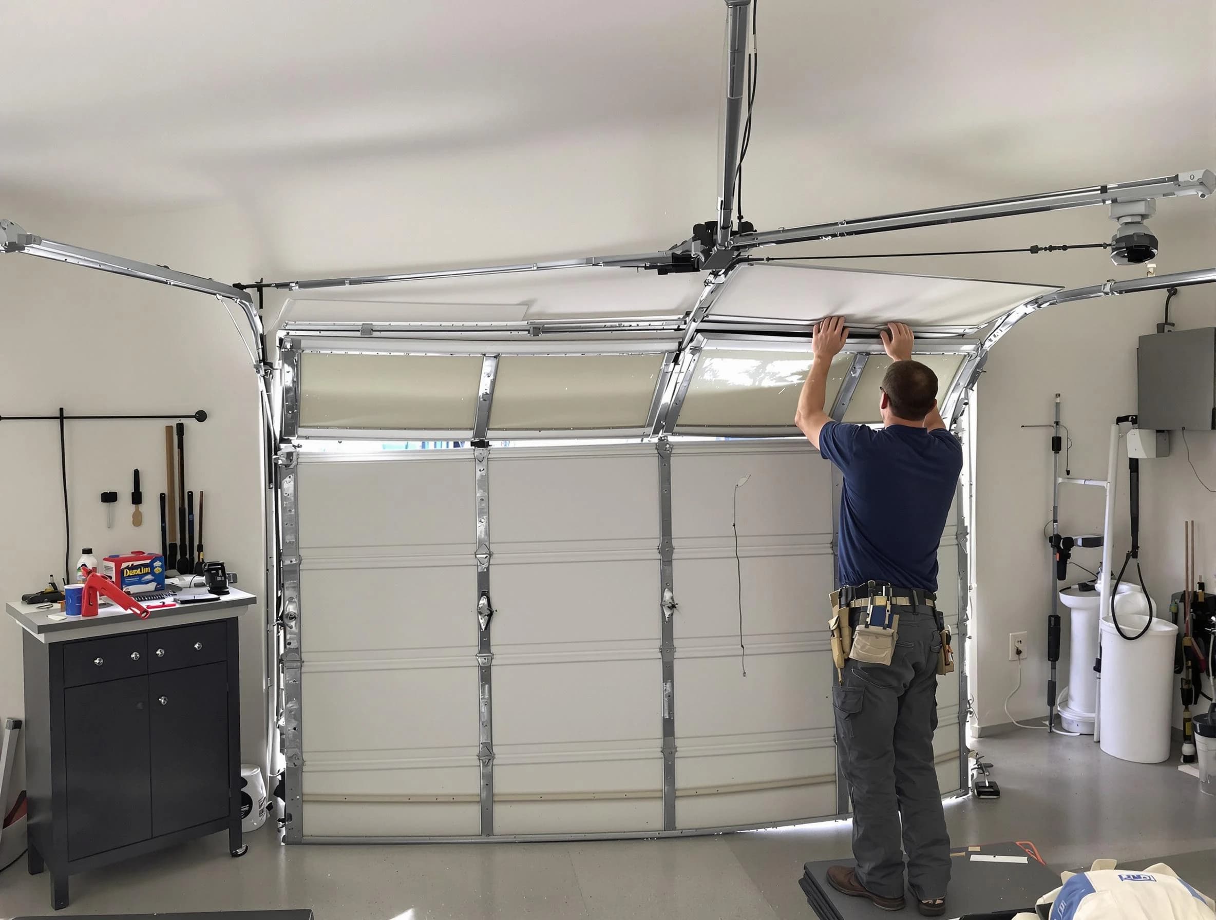 Noble Garage Door Repair specialist performing precise section replacement on Noble garage door