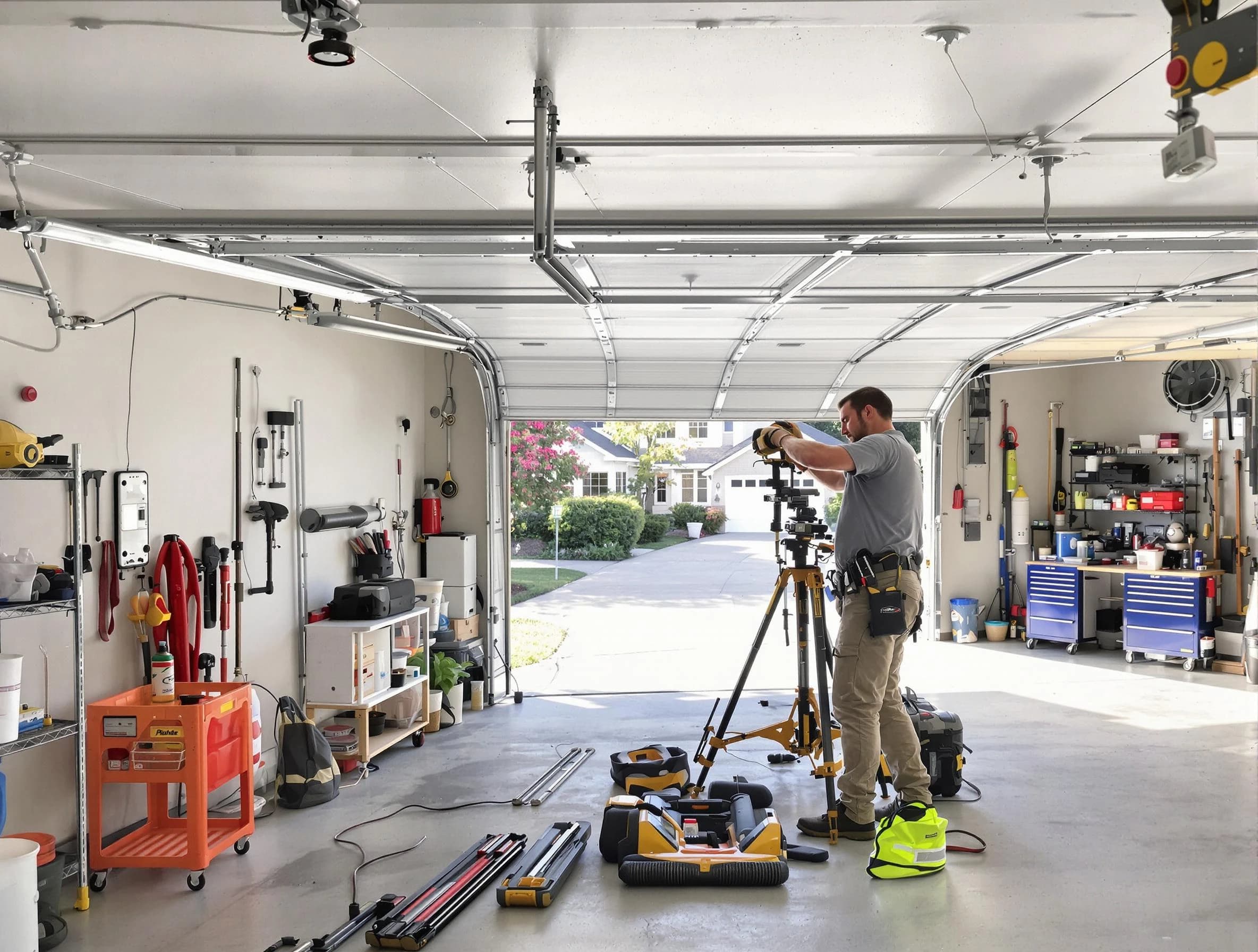 Noble Garage Door Repair specialist performing laser-guided track alignment in Noble