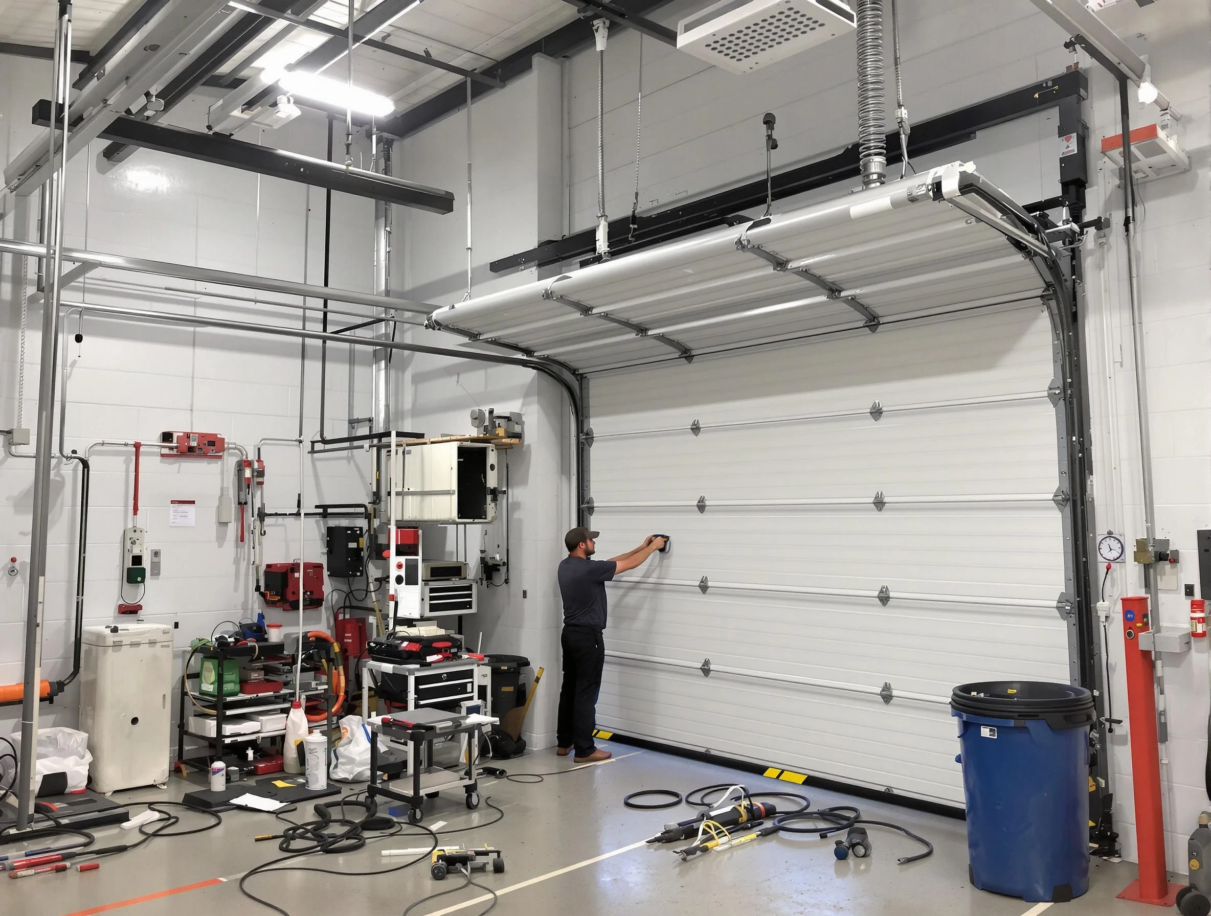 Noble Garage Door Repair certified technician performing commercial door repair at a Noble business facility
