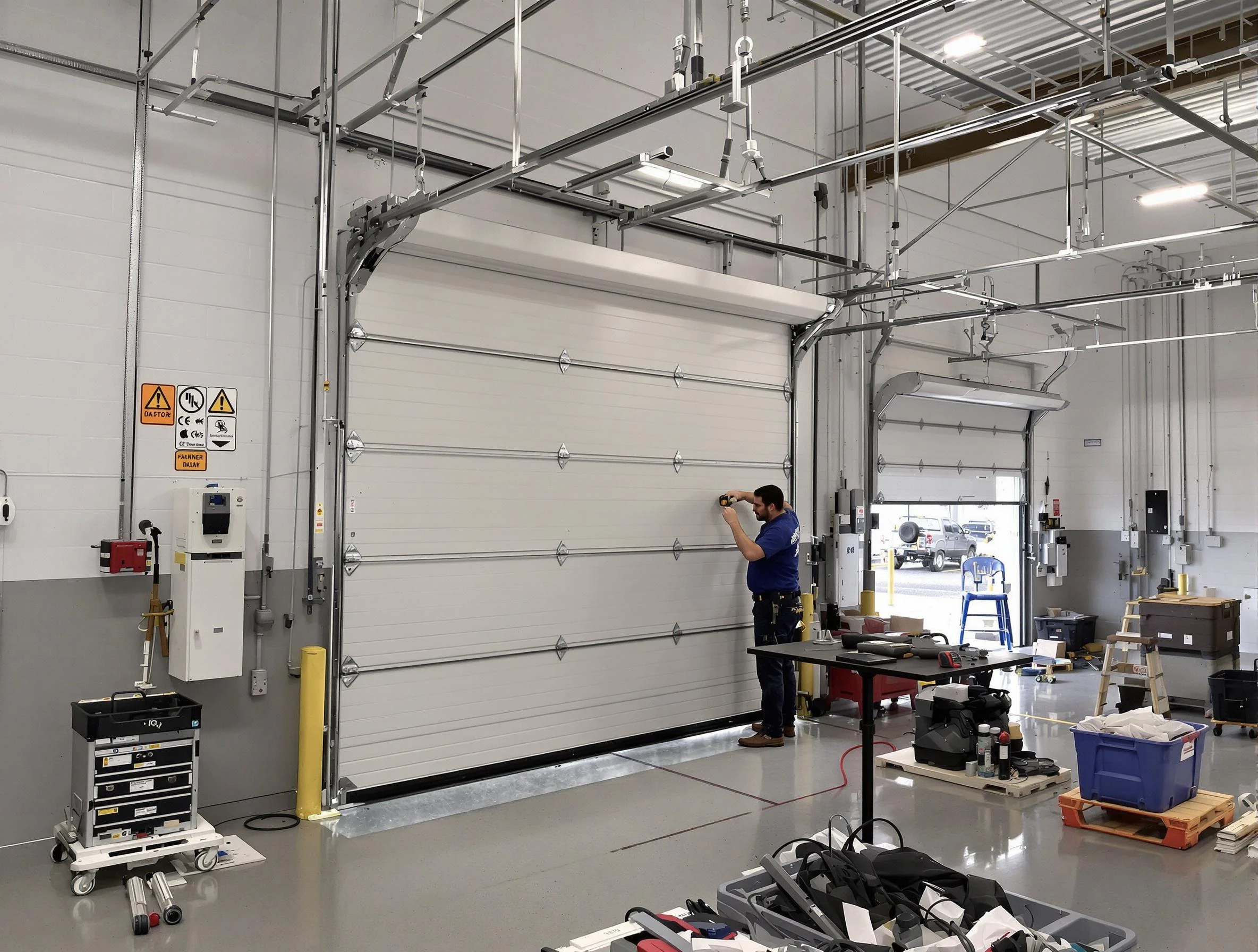 Commercial garage door repair being performed by Noble Garage Door Repair expert in Noble