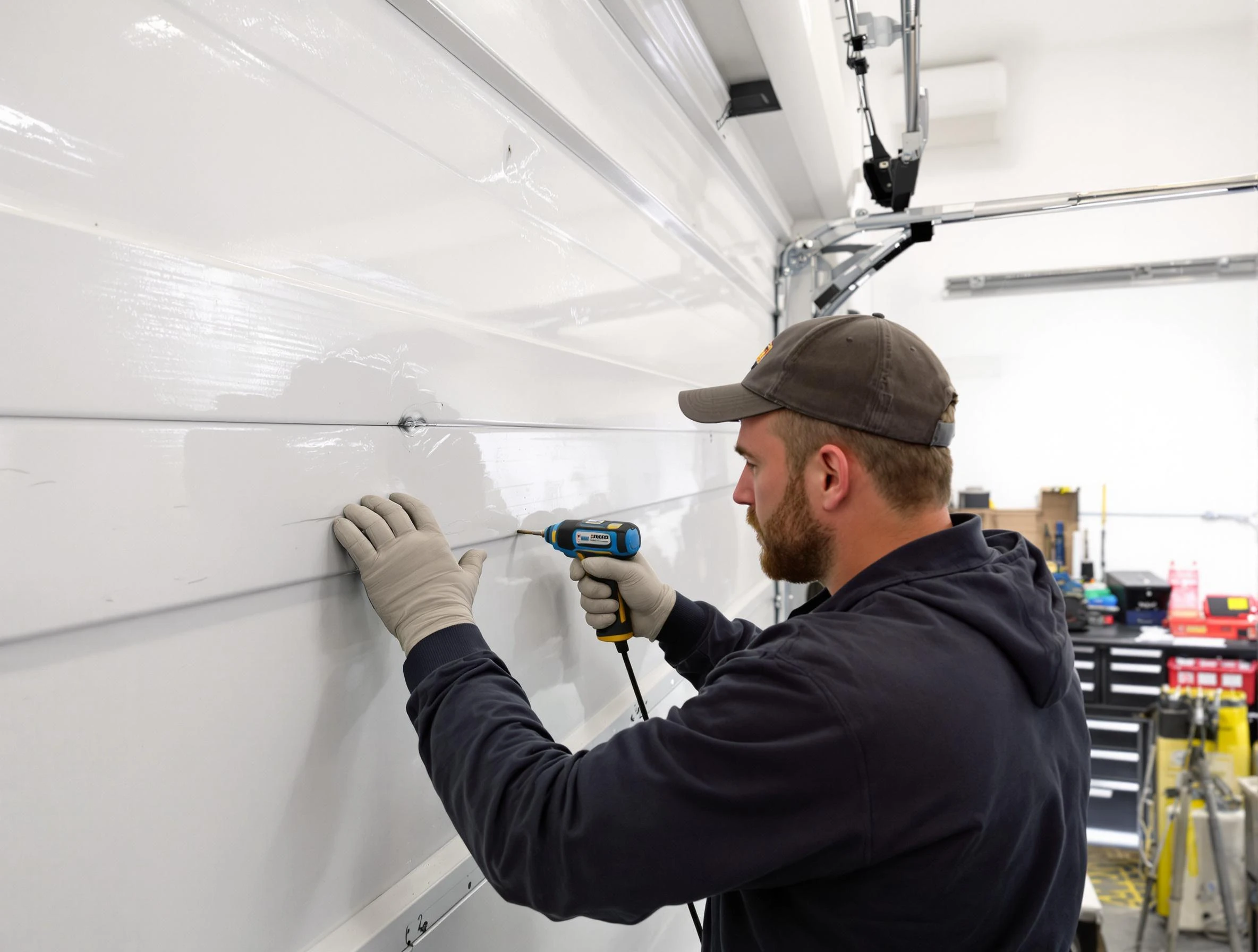 Noble Garage Door Repair technician demonstrating precision dent removal techniques on a Noble garage door