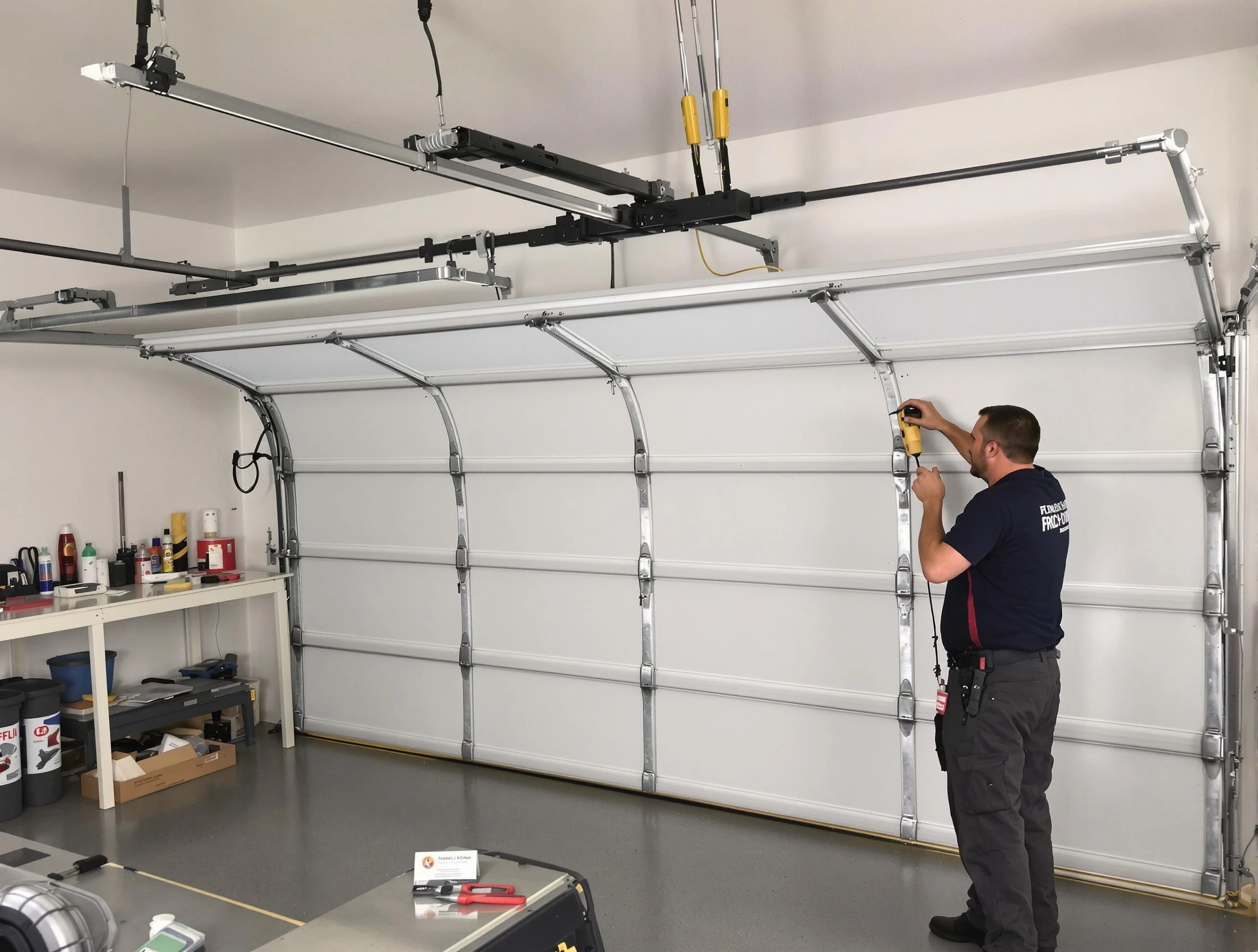 Noble Garage Door Repair certified technician performing overhead door system repair in Noble