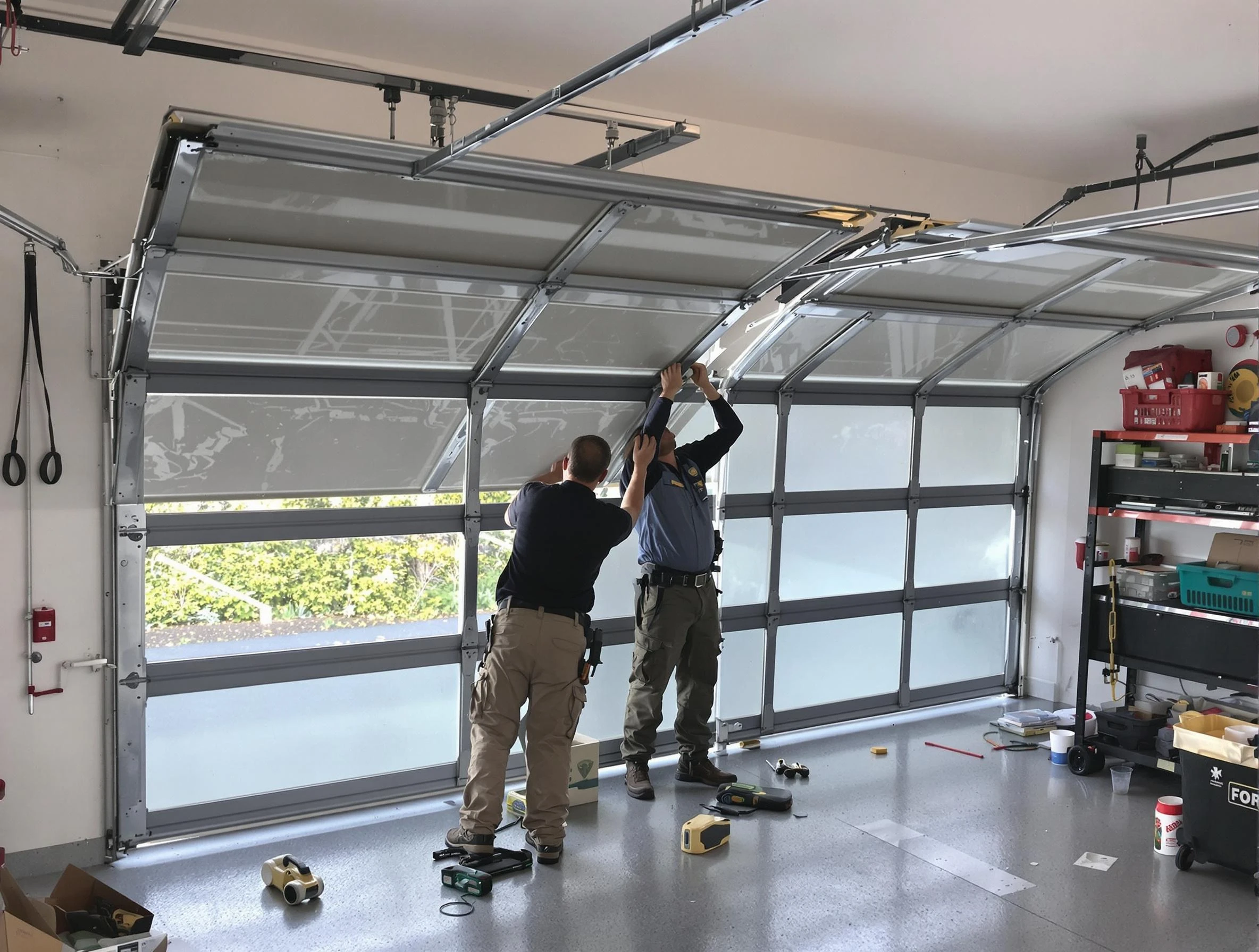 Noble Garage Door Repair expert performing precise panel replacement on Noble garage door